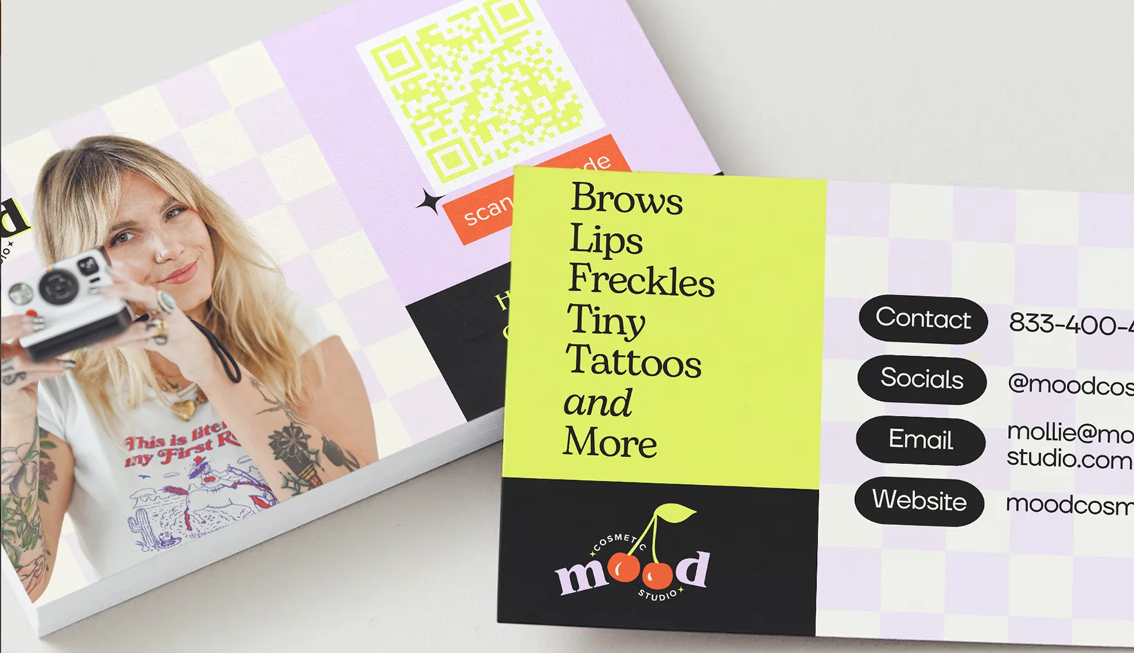 Custom brand identity for Mood Cosmetic Studio featuring QR code business cards and playful PMU branding