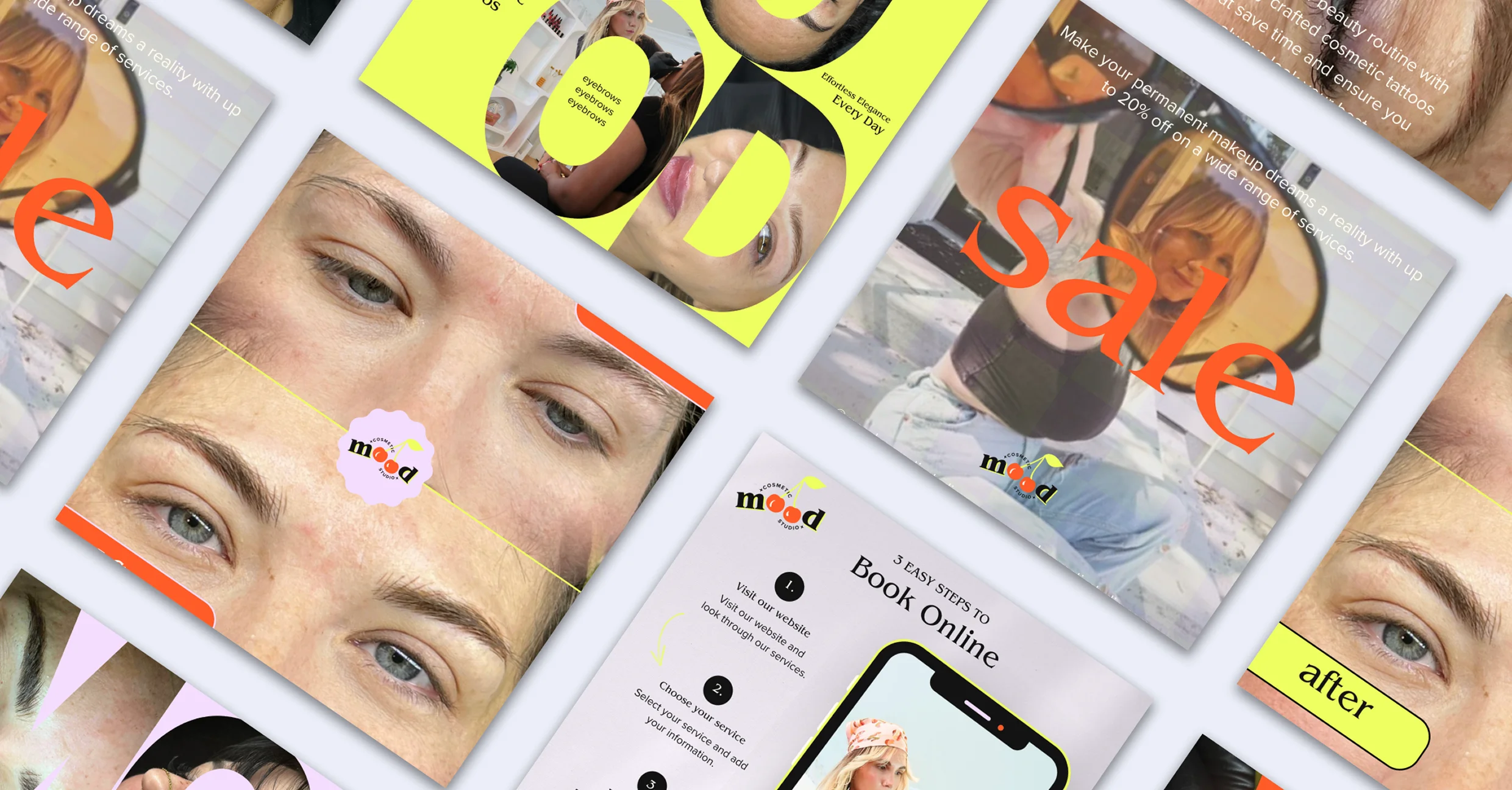Faux freckles, brow, and lip PMU results displayed in custom social media grid for Mood Cosmetic Studio