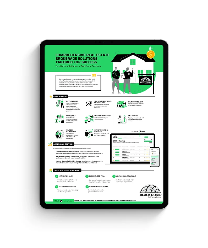 Branded one-pager marketing collateral for Black Dome Services with service overview and visual metrics