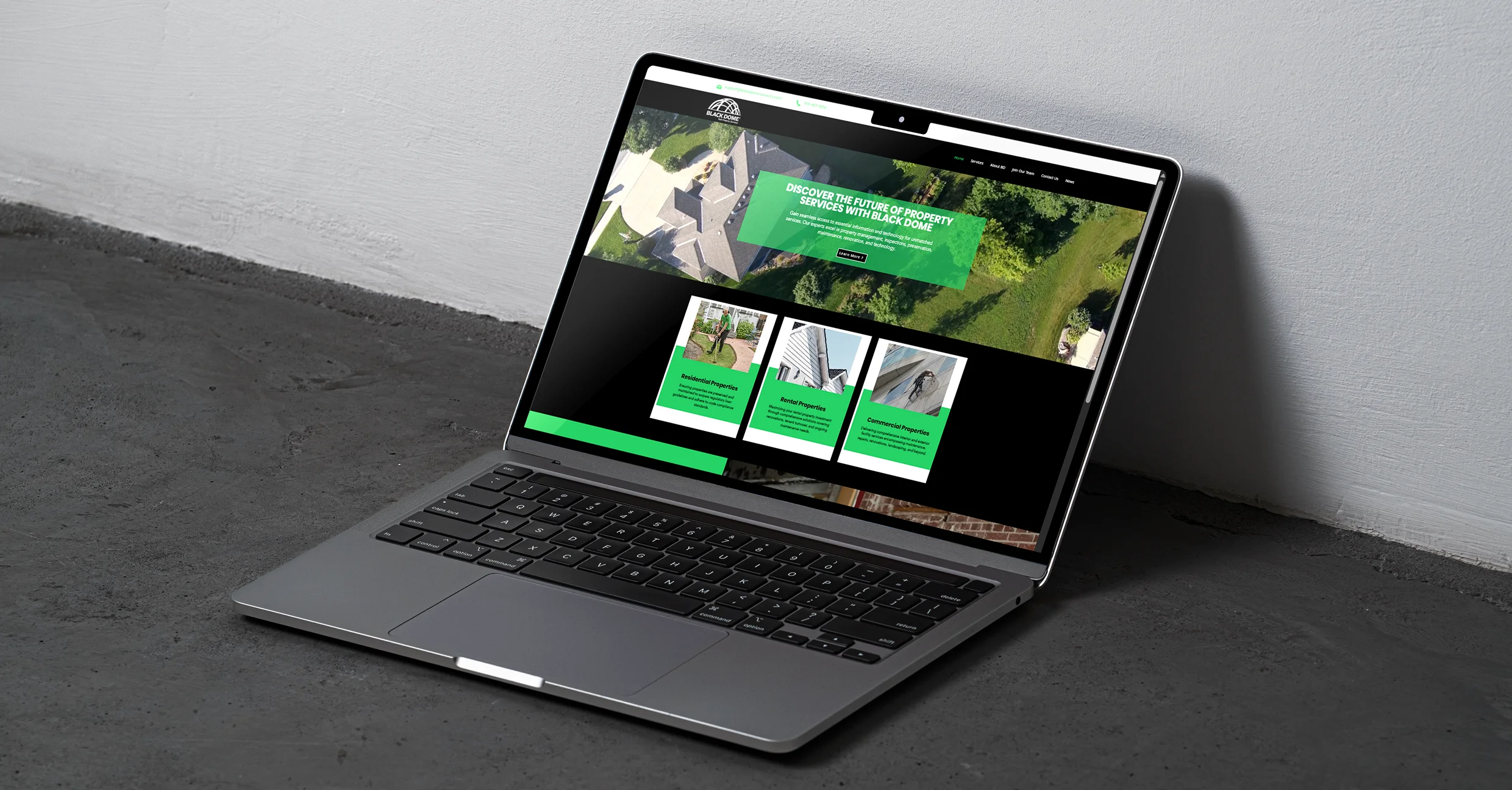 SEO-optimized website mockup for Black Dome Services shown on a MacBook with data-driven content layout