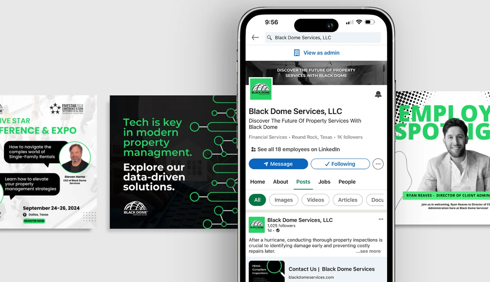 Mobile responsive LinkedIn profile mockup and social media design for Black Dome Services, a national property management brand