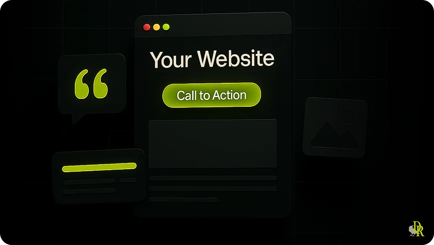 Stylized 3D mockup of a website interface with glowing call-to-action button and UX icons, representing optimized homepage design.