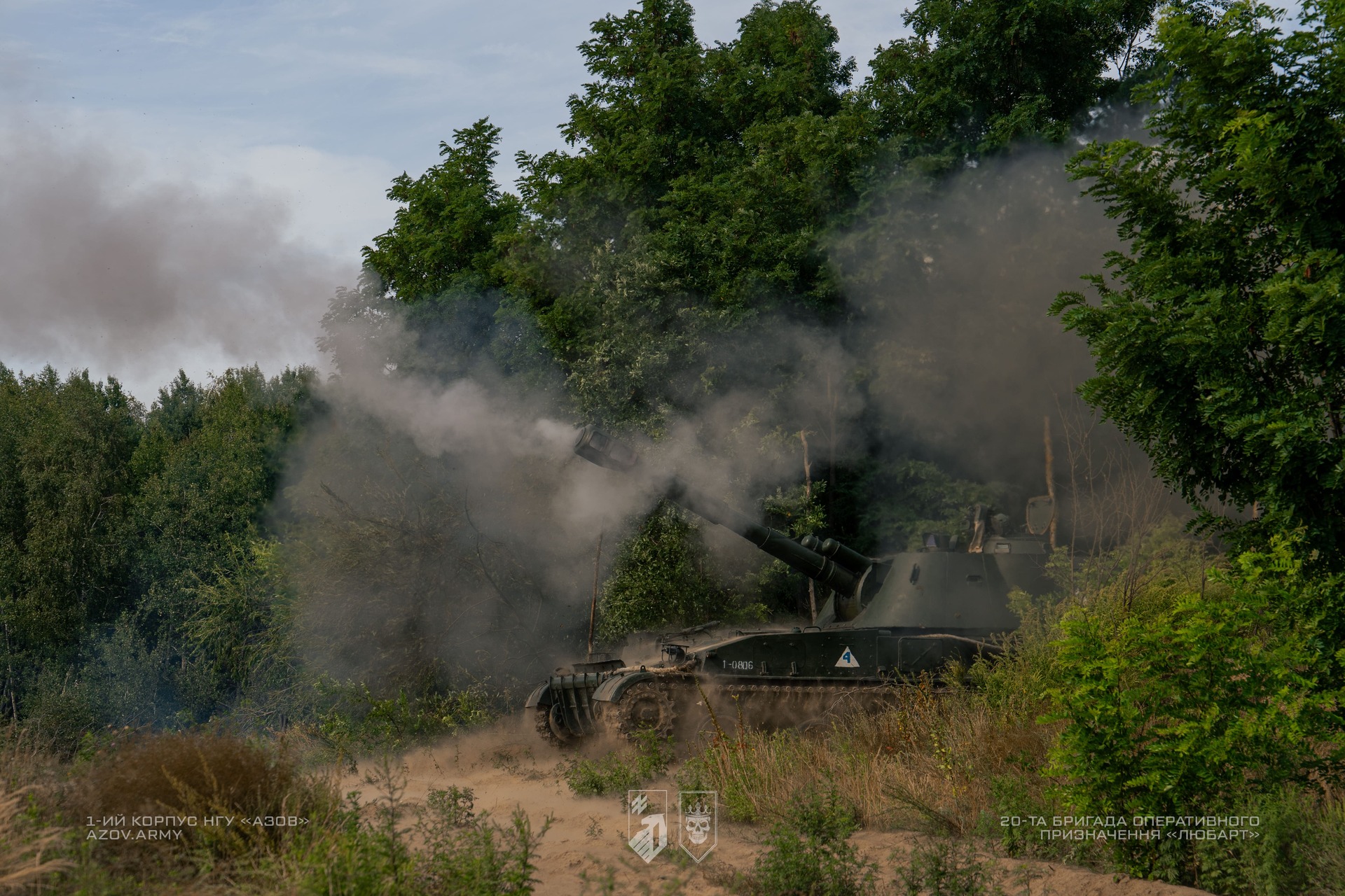 САУ виконує постріл виїхавши з лісової місцевості