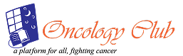 Logo for Oncology Club featuring a stylized window with moon and stars beside the club name in orange cursive font.