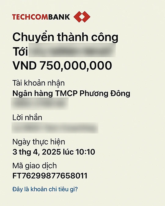 Chuyển khoản 750.000.000 đồng