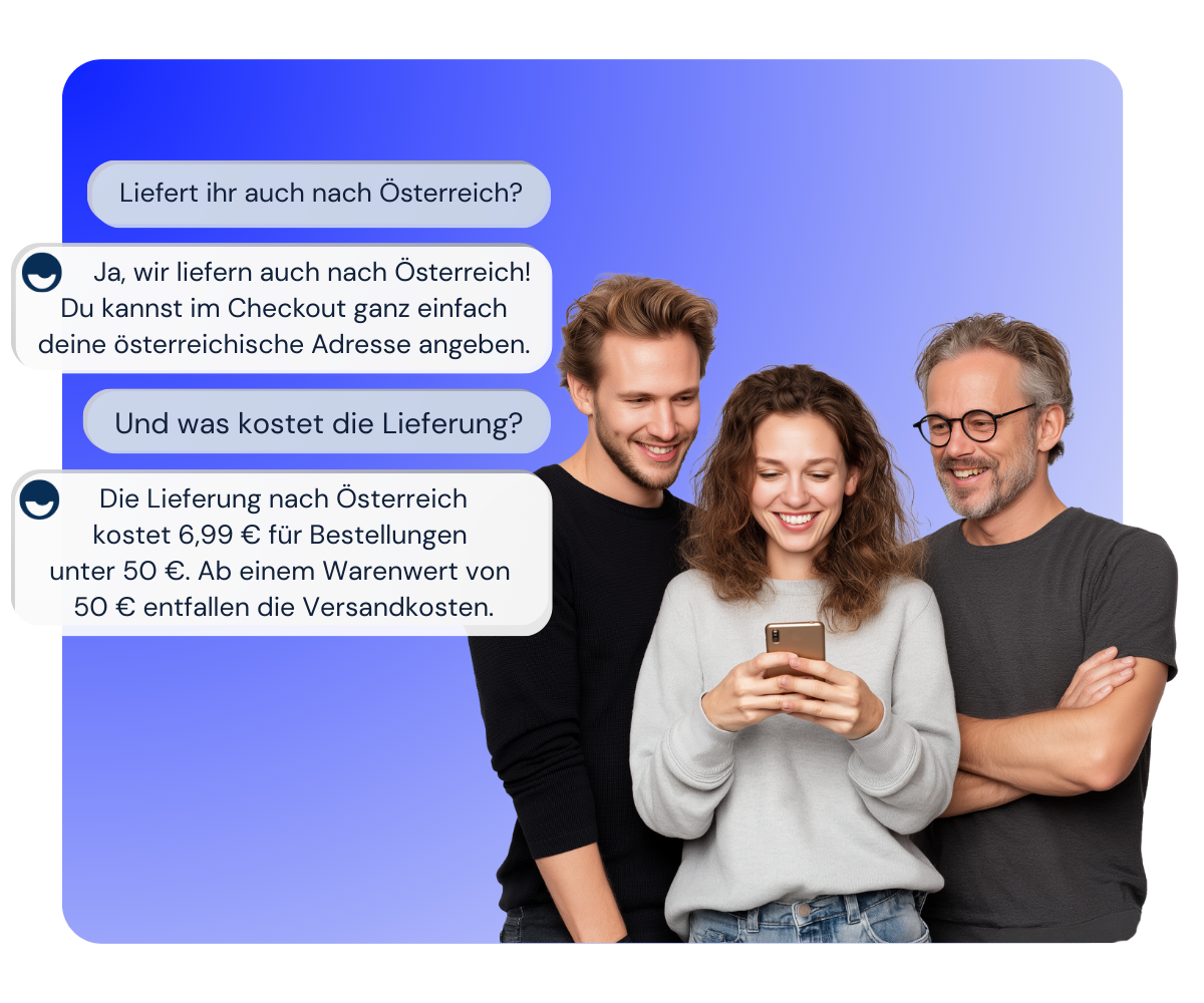 Three persons looking at a phone where homie as a shopping assisstent already lead to a 30% higher conversion. Next to them is a possible homie chat dialogue displayed.