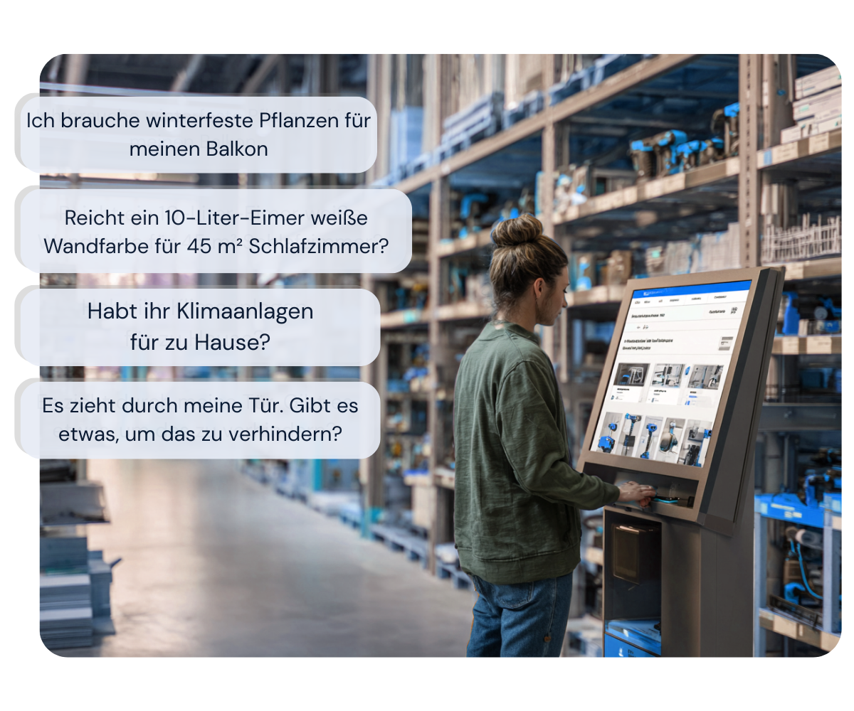 A woman in a hardware store looking für products on a homie driven flat screen. Thanks to the homie software she exactly knows where to go