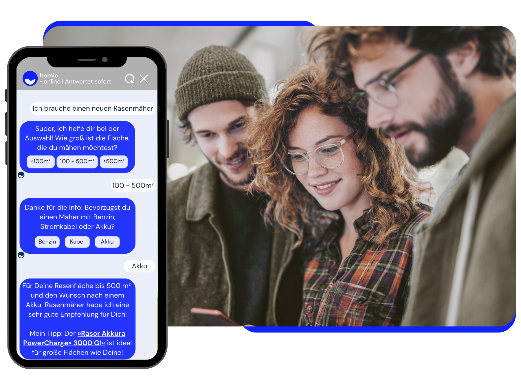 Three persons looking at a phone where homie as a shopping assisstent already lead to a 30% higher conversion