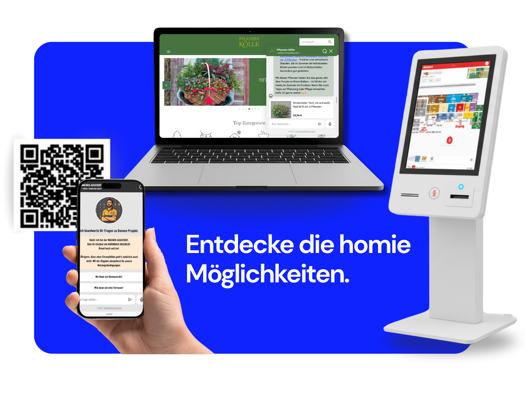 A QR Code, a Smartphone with homies Ai assistant and a pos-terminal 