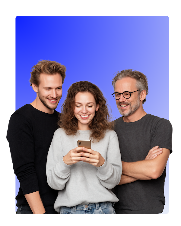 Three persons looking at a phone where homie as a shopping assisstent already lead to a 30% higher conversion. Next to them is a possible homie chat dialogue displayed.