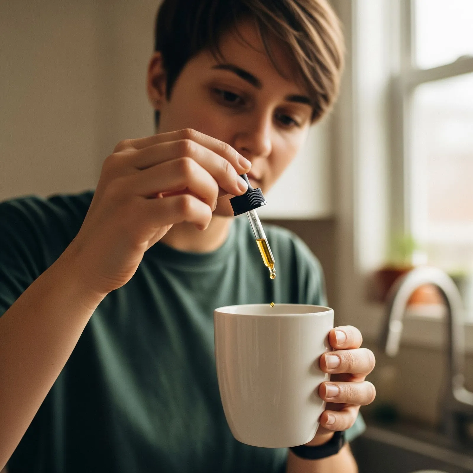 Frau mit ADHS tropft sich Cannabisöl in einen Becher.