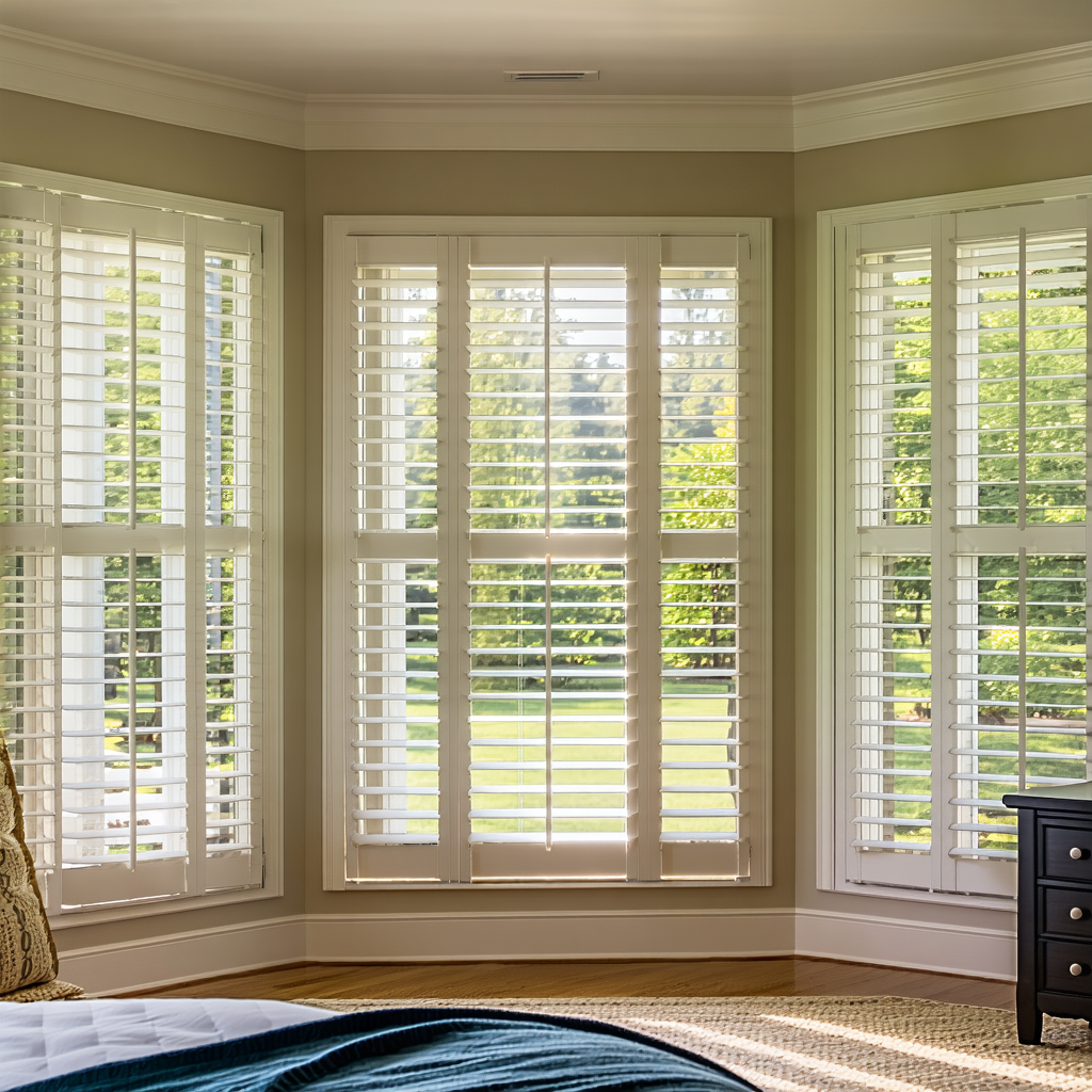 Sample custom wood shutters in bedroom