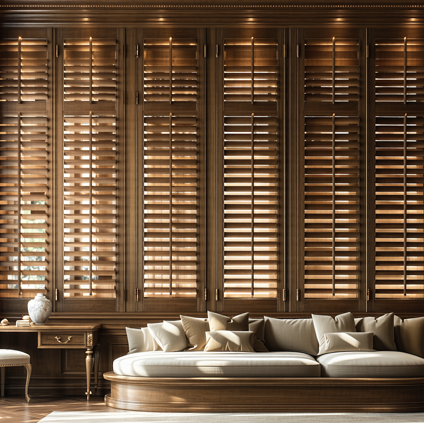 Sample custom wood shutters in living room