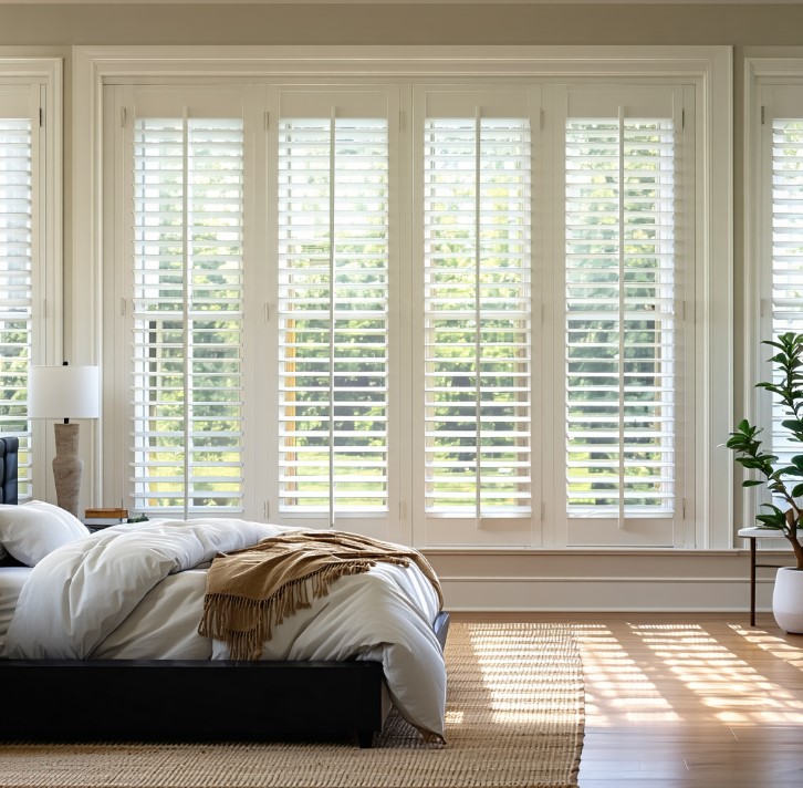 Sample custom wood shutters in bedroom