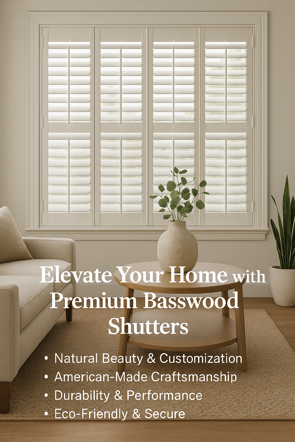 Sample wood shutters in living room explaining basswood shutters