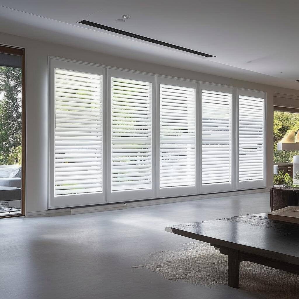 Modern living room with large plantation shutters