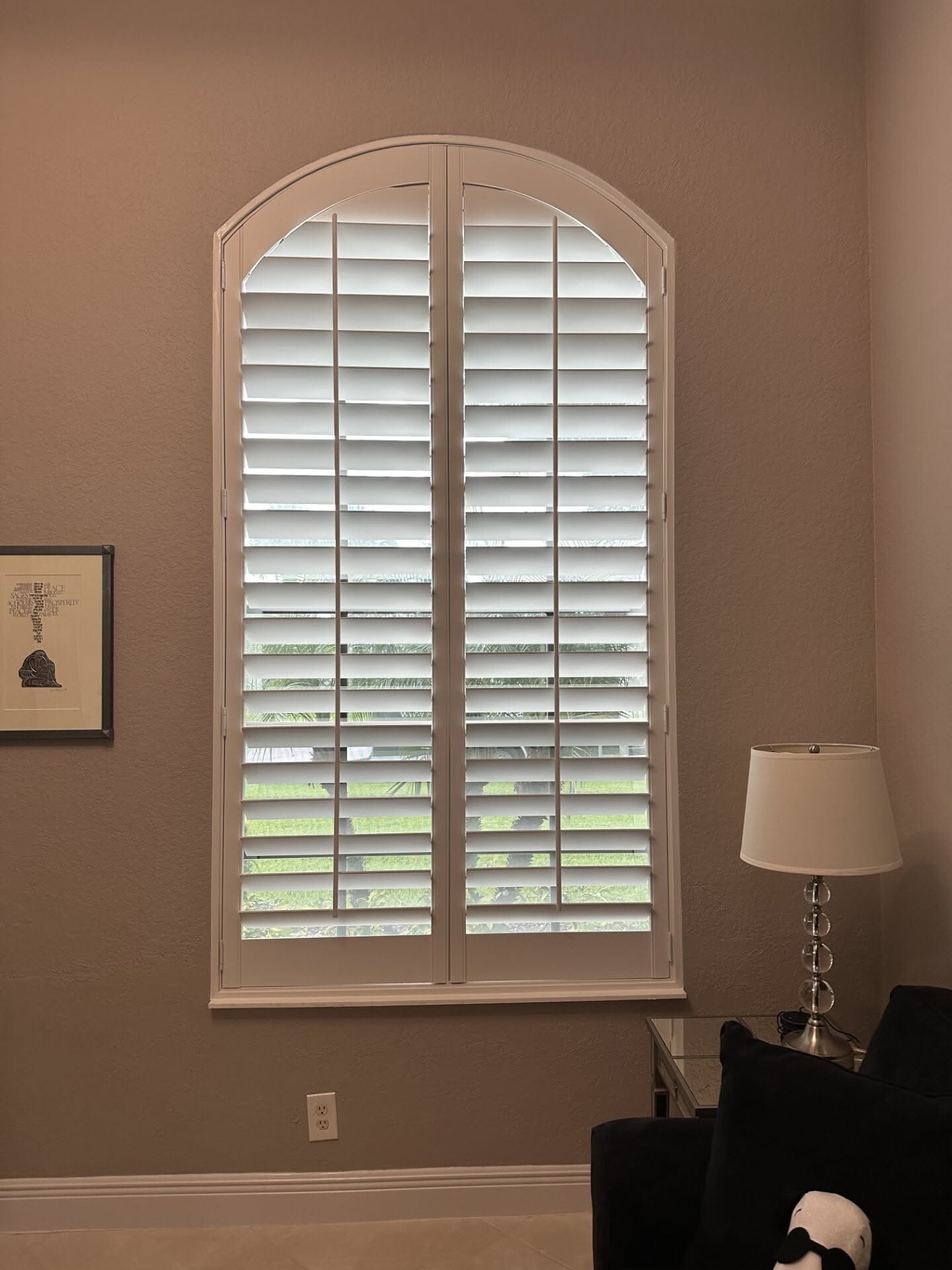 Custom wood plantation shutters in a Treasure Coast home den near Tradition, Port St. Lucie