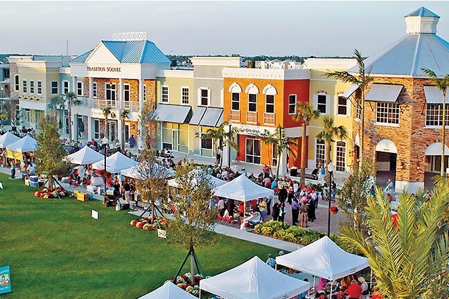 Tradition Square town center in Port St. Lucie, FL — the heart of the Tradition master-planned community Architectural Plantation Shutters serves