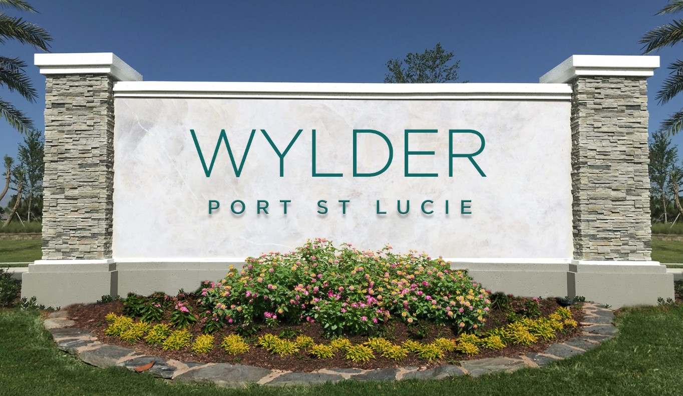 Wylder community entrance sign in Port St. Lucie, FL — plantation shutters by APShutters