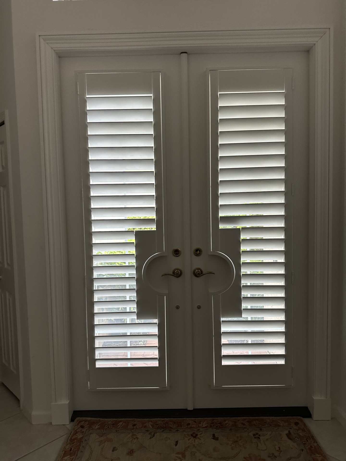 White shutters on double French doors with paired circular cutouts around lever handles