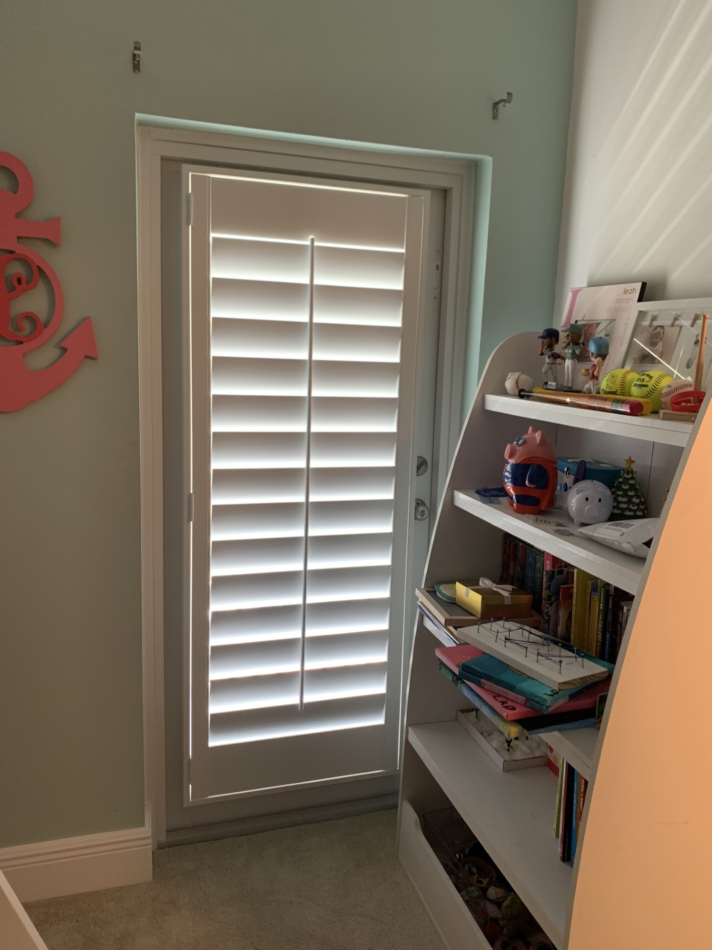 White shutter with a center tilt rod on a single glass door beside a bookcase
