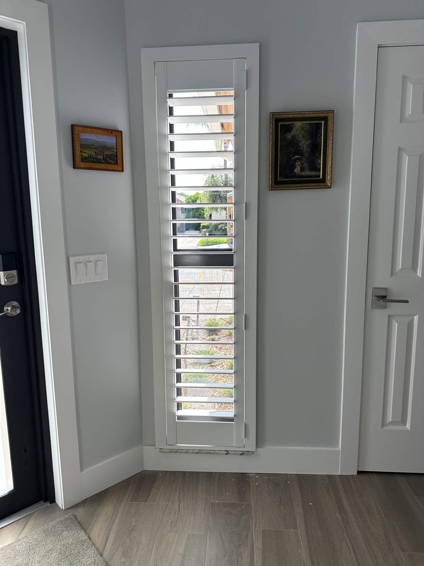Tall narrow white sidelight shutter beside a black front entry door