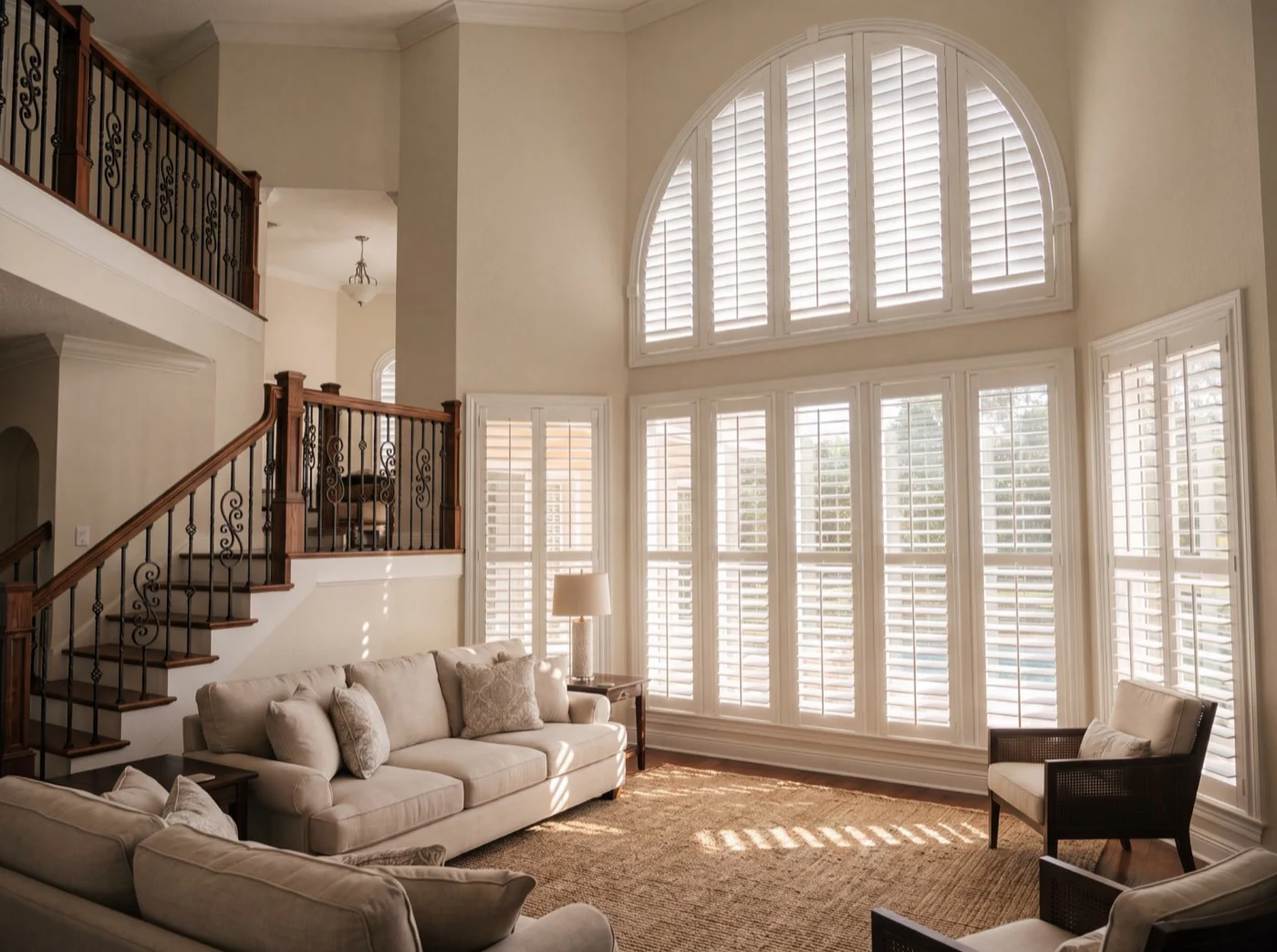 Custom white plantation shutters fitted to a two-story arched window