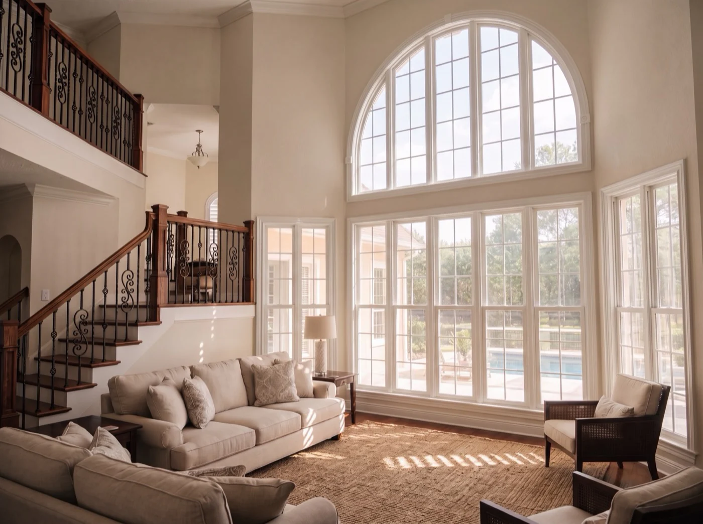 Two-Story Great Room before custom plantation shutters by Architectural Plantation Shutters