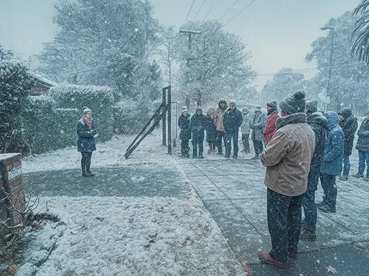 An AI generated image depicting a property auction in Melbourne in a satirical winter landscape with snow and ice.