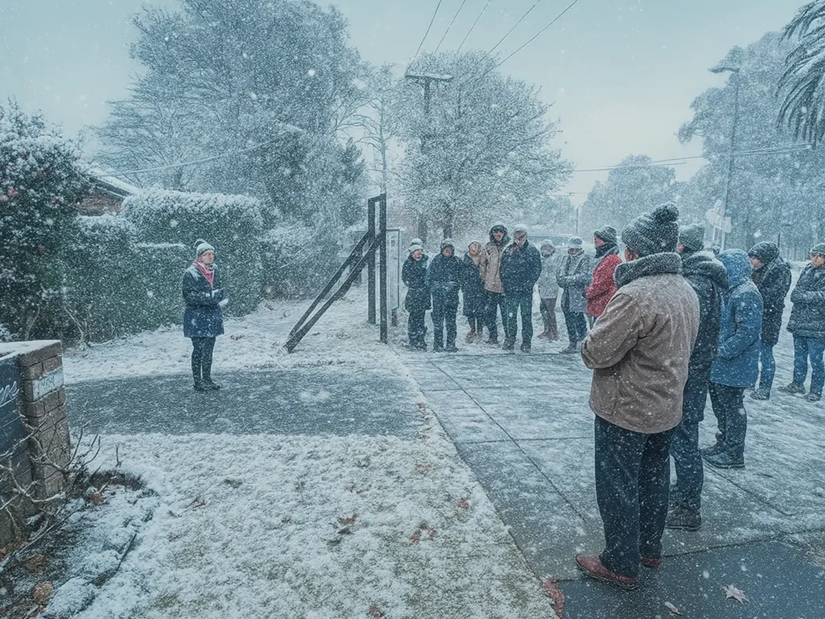 An AI generated image depicting a property auction in Melbourne in a satirical winter landscape with snow and ice.