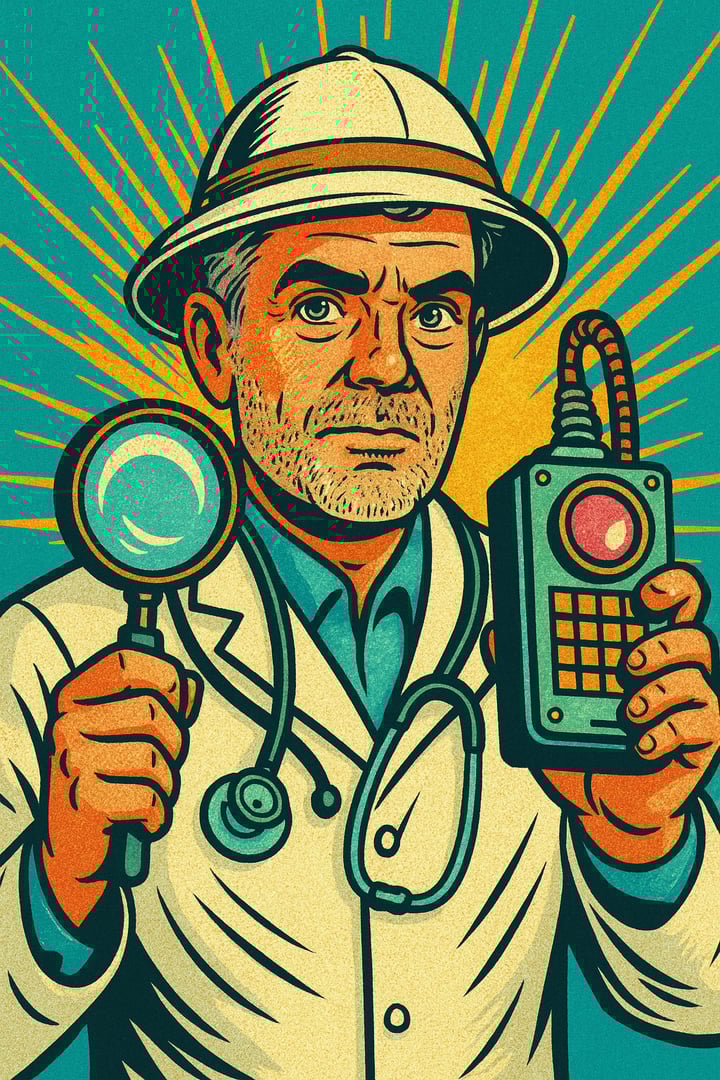 A satirical comic drawing depiction of myself a an investigative scientist.