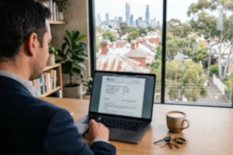 A decorative image with a man sitting in front of a computer with the backdrop a Melbourne streetscape