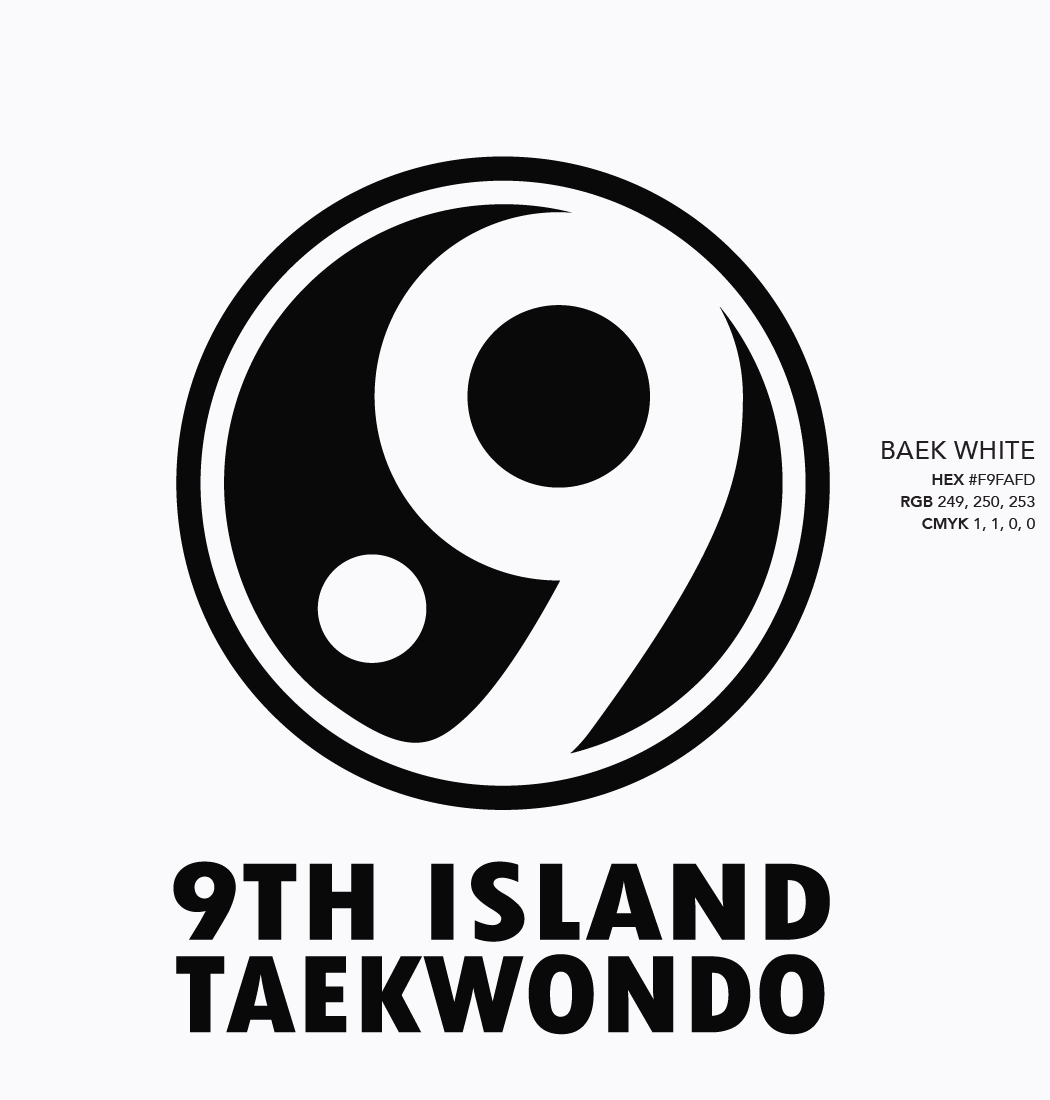 Black and white logo of 9th Island Taekwondo featuring a stylized number 9 inside a circle with text below.
