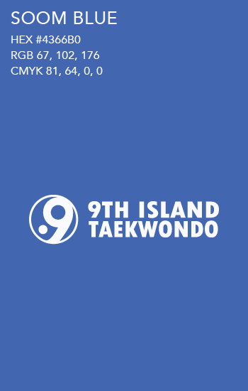 Blue color sample with the text 'SOOM BLUE' and its HEX, RGB, CMYK color codes above the white logo and text '9TH ISLAND TAEKWONDO'.