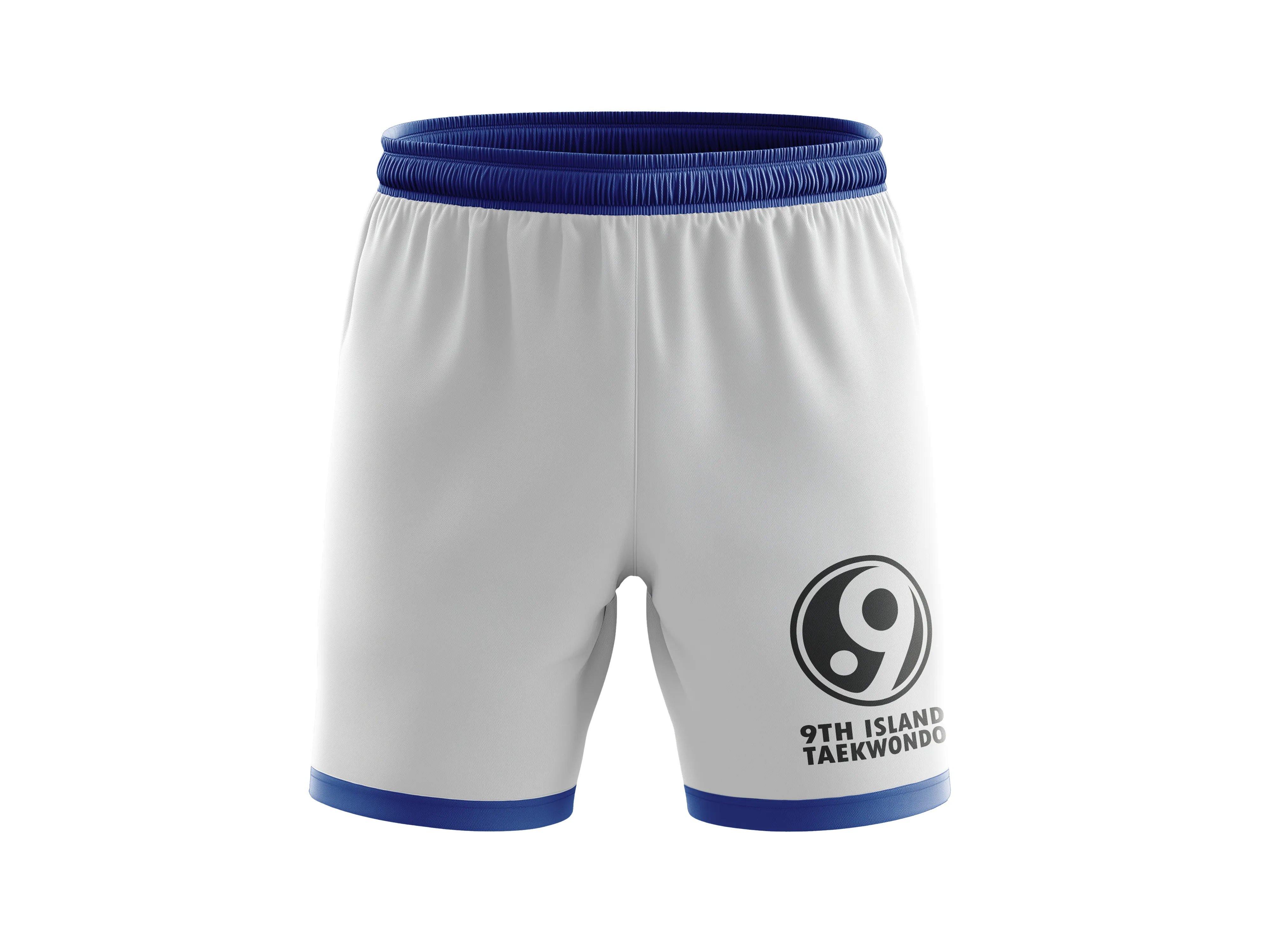 White athletic shorts with blue waistband and trim, featuring a black and white 9th Island Taekwondo logo on the right leg.