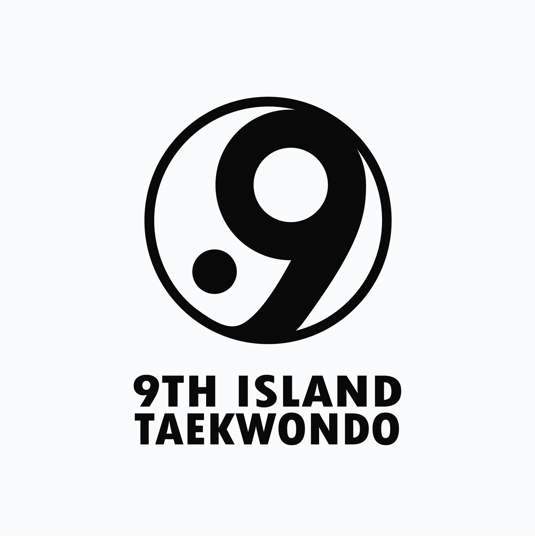 Black and white logo of 9th Island Taekwondo featuring a stylized number 9 inside a circle with text below.
