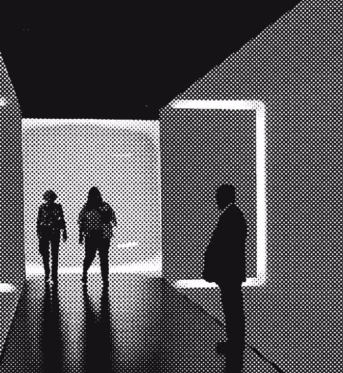 Silhouettes of three people standing and walking inside a modern interior with illuminated rectangular doorways.