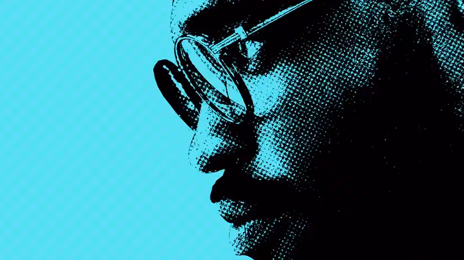 Close-up stylized side profile of a person wearing glasses with a blue halftone effect on a light blue background.