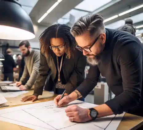 Two professionals collaborating over architectural blueprints in a modern office.