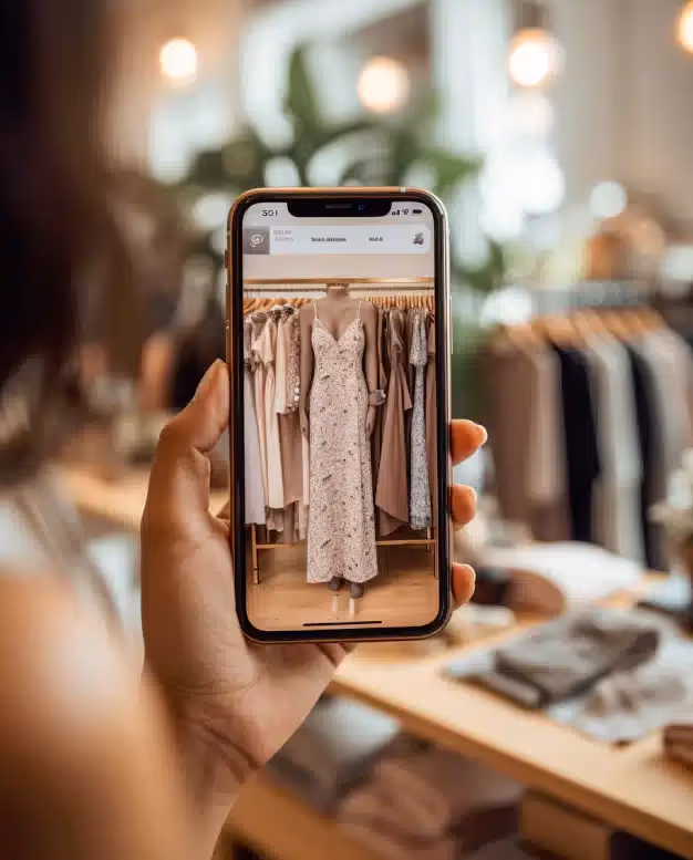Person holding a smartphone displaying a long floral dress on a mannequin in a clothing store.