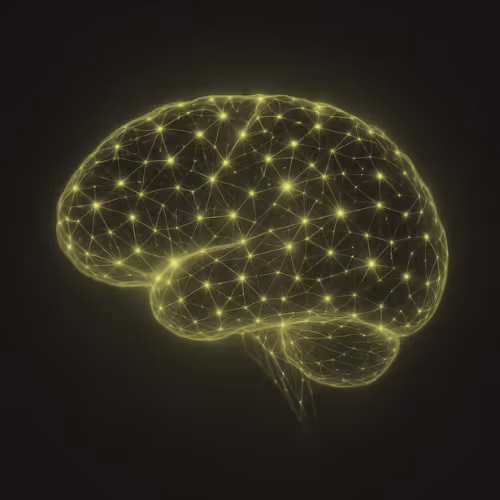 Glowing digital network illustration of a human brain with interconnected points and lines on a dark background.