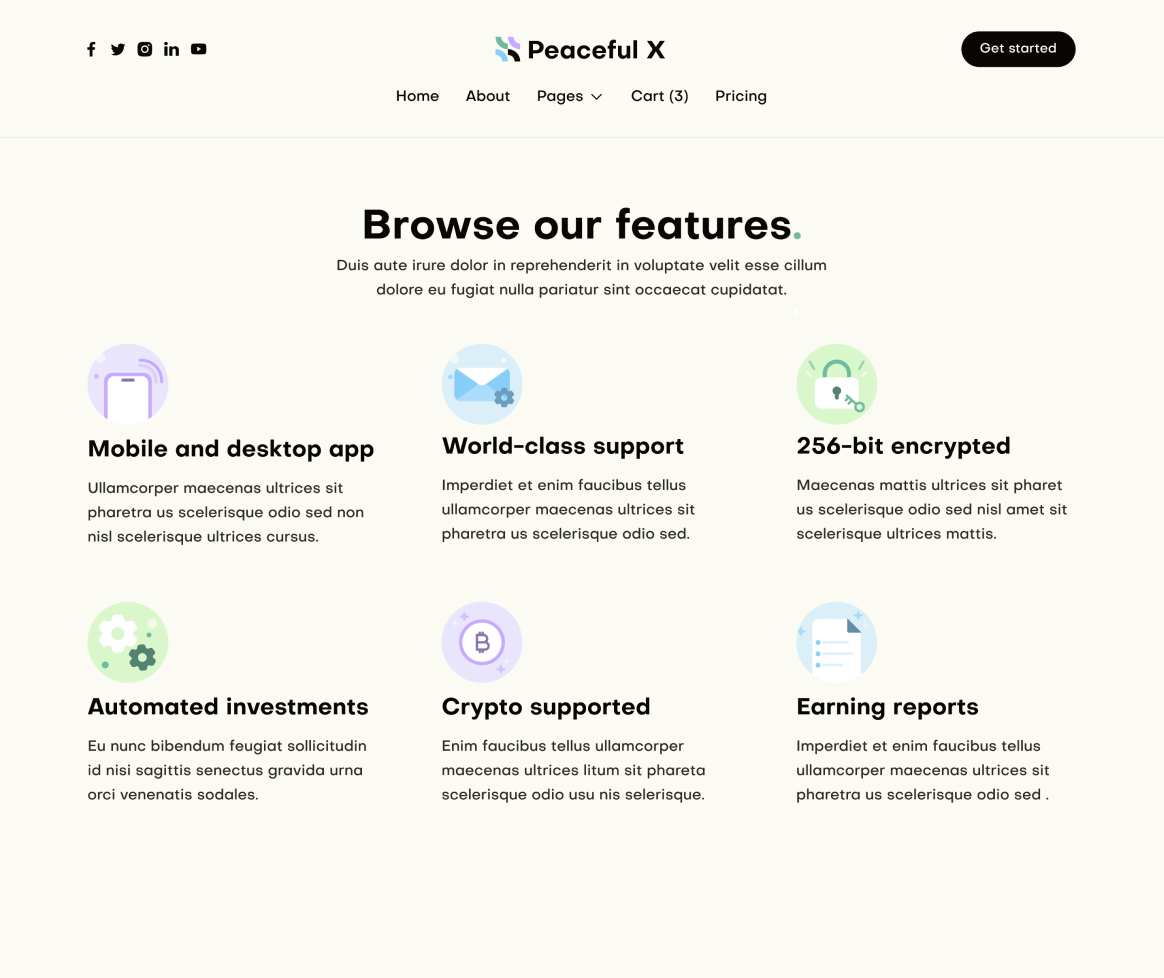 Peaceful X - Features Main Page Multi Purpose Startup Webflow Template