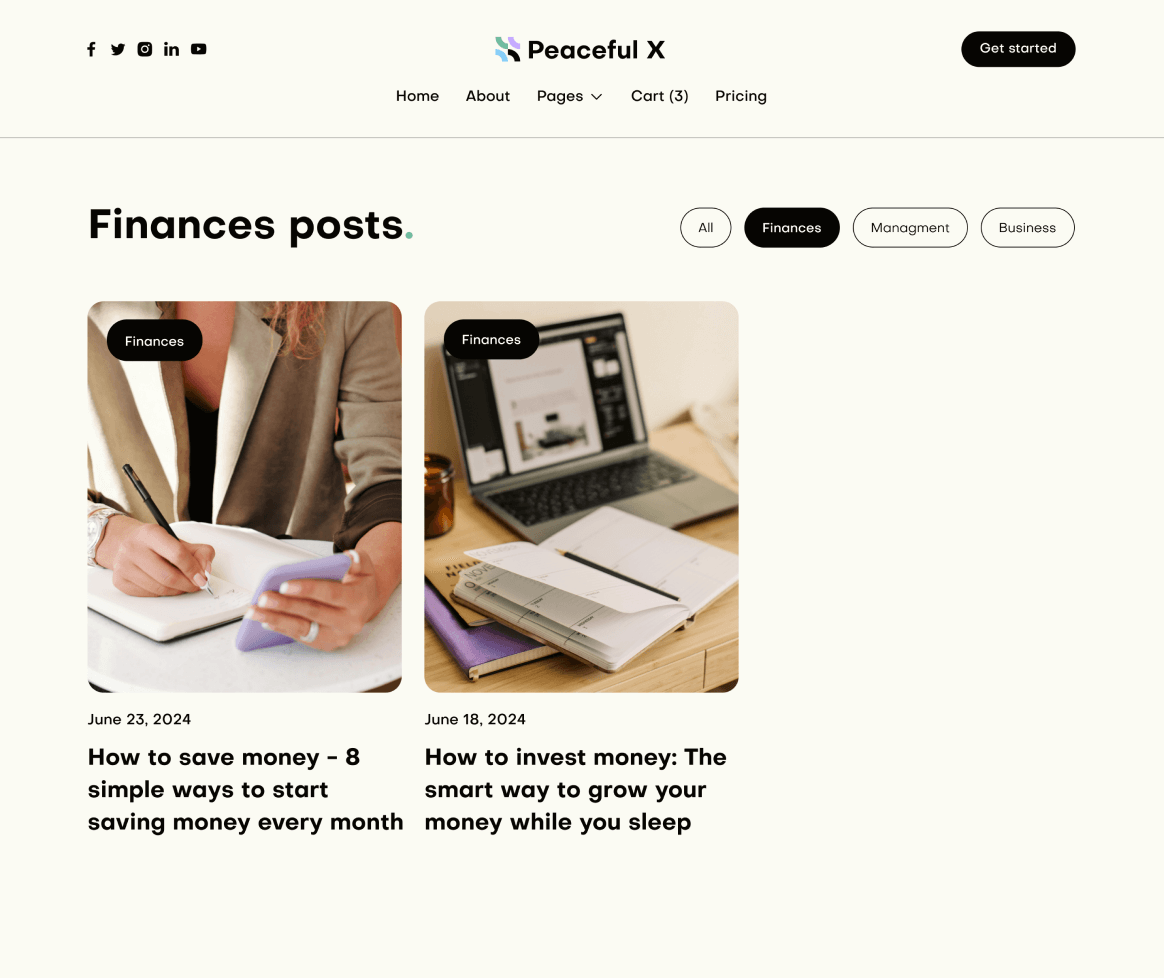 Peaceful X - Blog Category Main Page Multi Purpose Startup Webflow Template