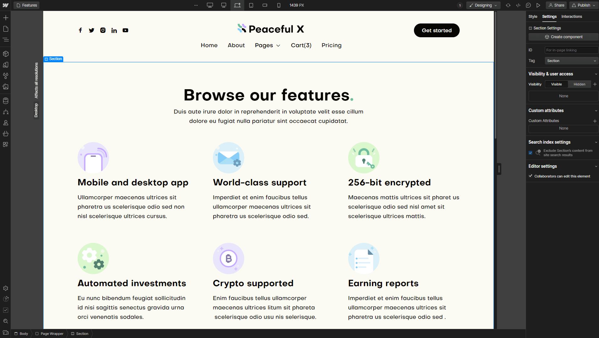 Peaceful X - Webflow Template And UI Kit Icons And Graphics