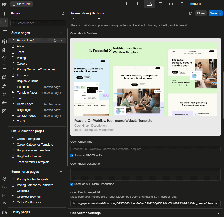 Peaceful X - Webflow Template Meta Configuration