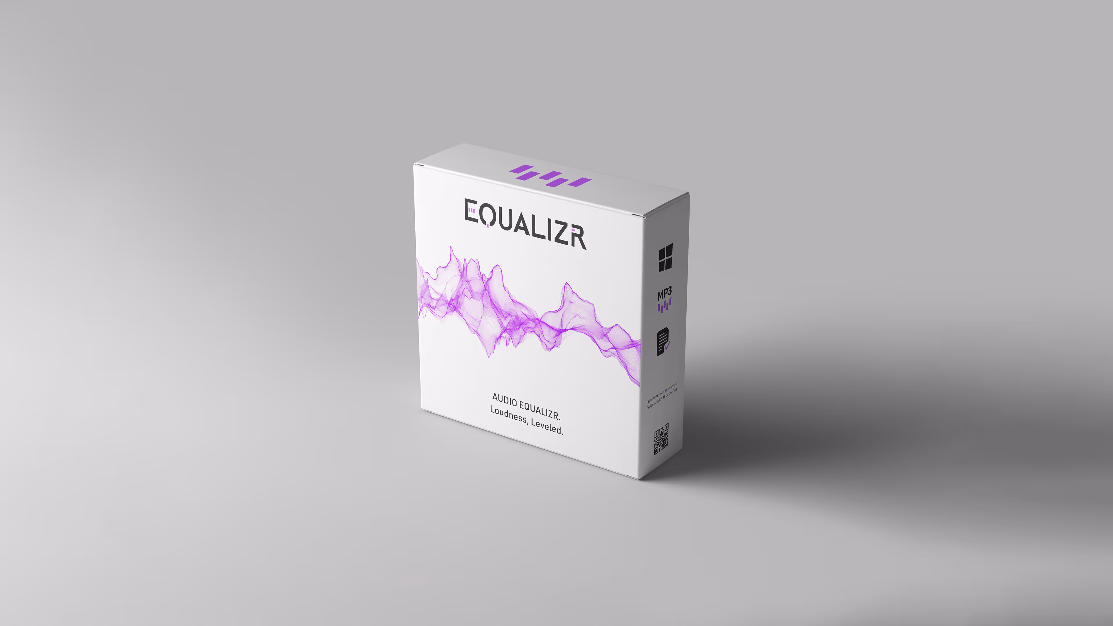 Product packaging for EQUALIZR software featuring a clean white box design with purple wave graphics and black system icons.