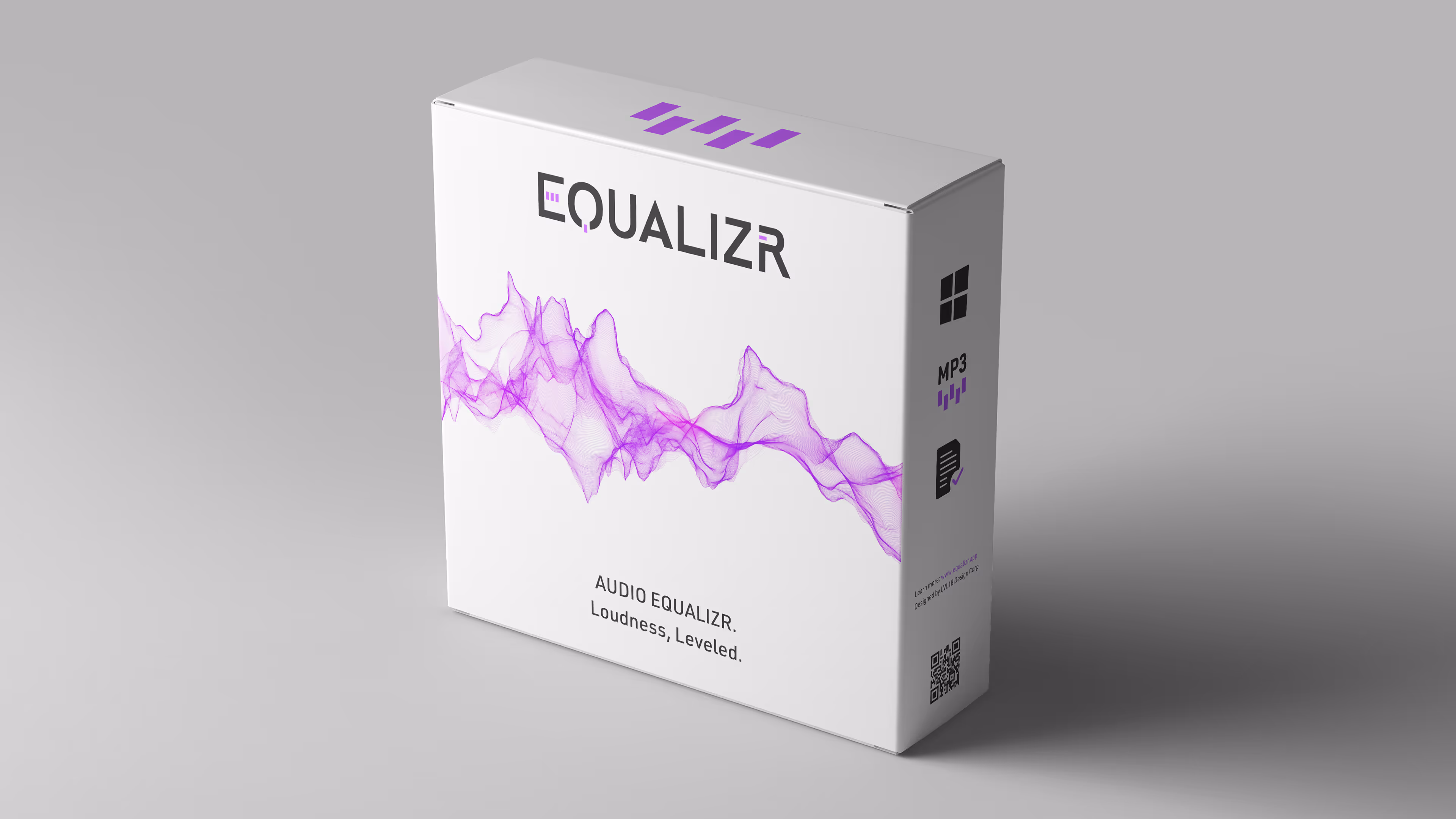 Product packaging for EQUALIZR software featuring a clean white box design with purple wave graphics and black system icons.