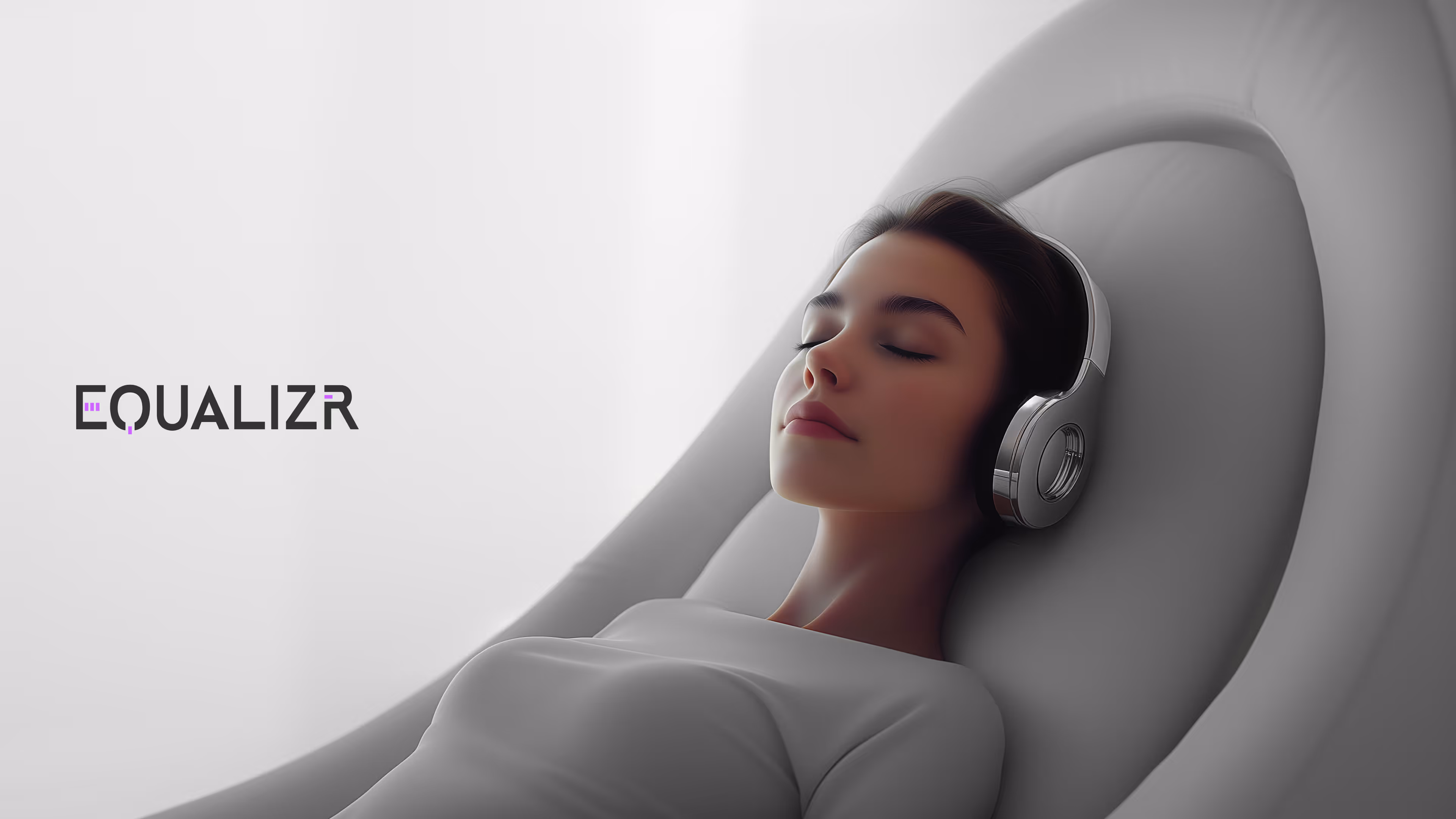 Woman relaxing with eyes closed while wearing headphones in a futuristic white chair, with the EQUALIZR logo on the left side.