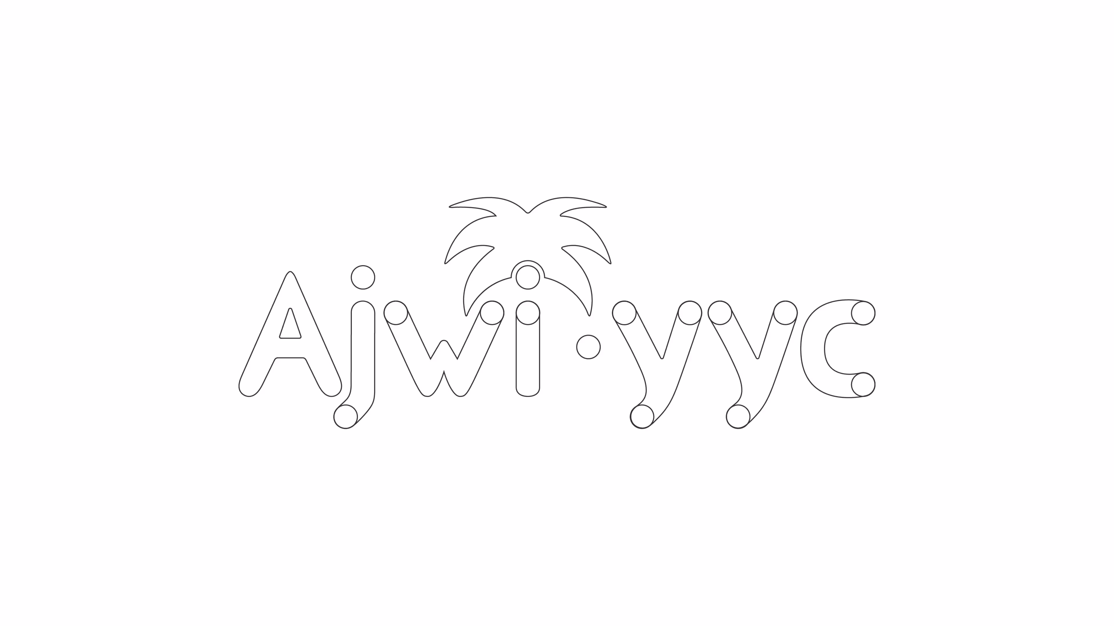 Wireframe illustration of the Ajwi yyc logo featuring rounded letterforms and a palm tree integrated into the letter 'i', displayed on a plain white background.