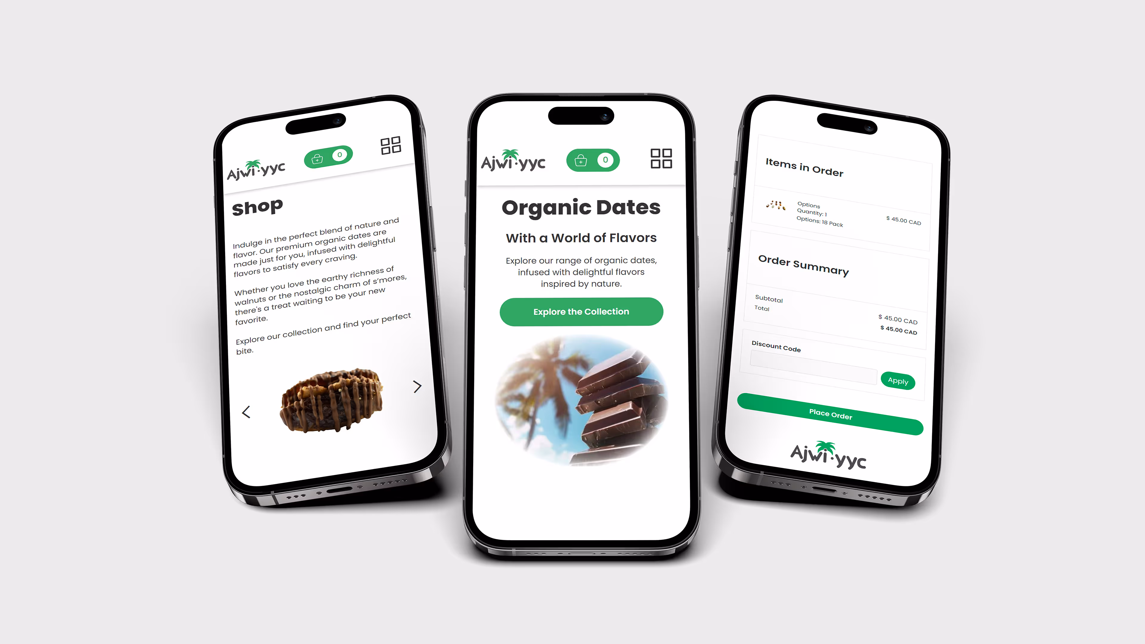 A sleek mockup showcasing the mobile UI design of Ajwi YYC's website on three iPhone 14 Pro devices. The screens display the online store's key sections: product browsing with a walnut date treat, the homepage with a tropical chocolate theme, and the checkout page with order details. The design features a clean, modern aesthetic with green accents, emphasizing a smooth shopping experience.